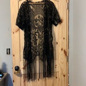 Black lace & fringe kimono duster